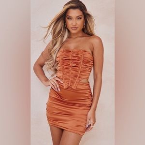 Rust Satin Corset and Ruched Mini Skirt Size 4